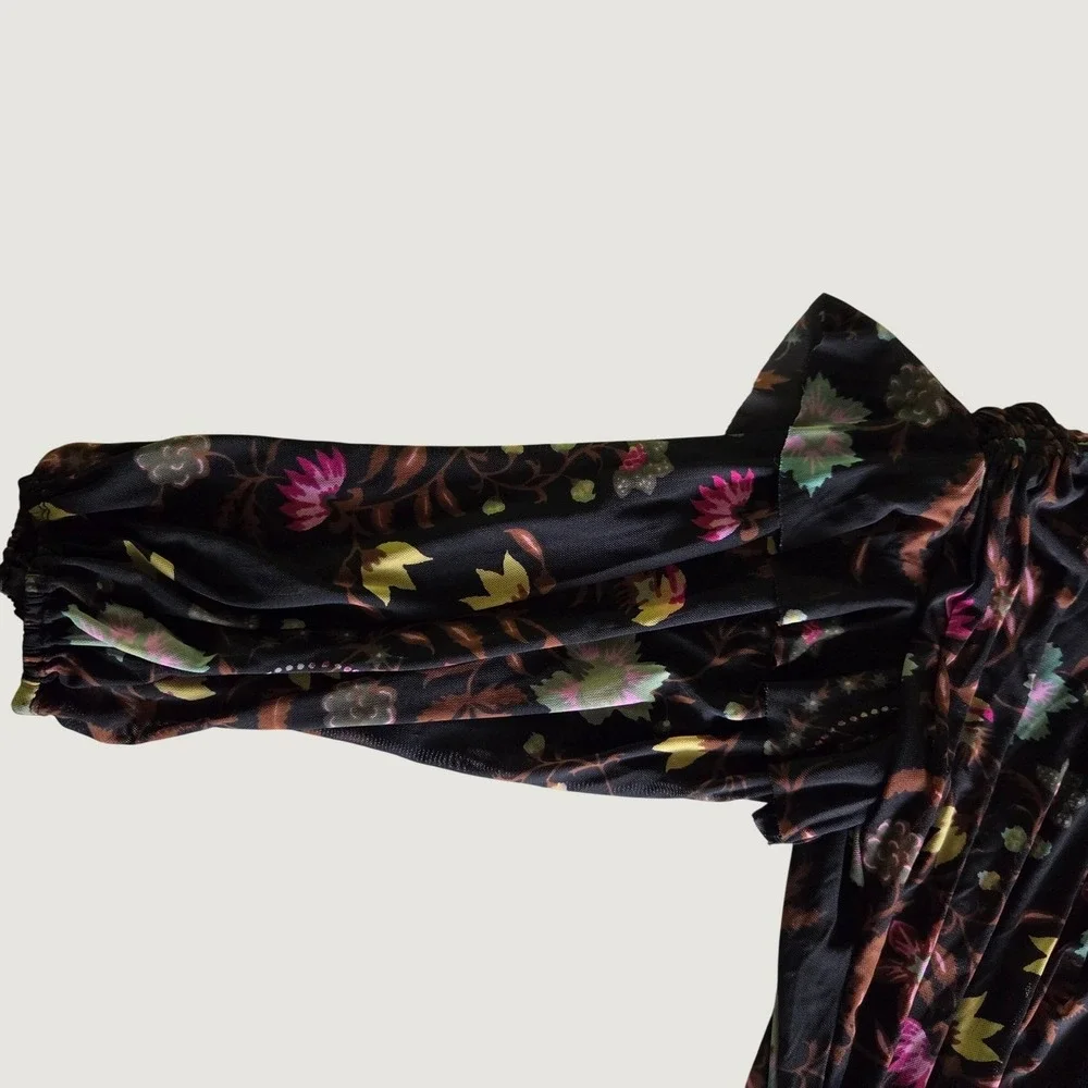 Free People Womens Black Floral Mesh Blouse Ruched Sleeve Blouson Top‎ Size M
